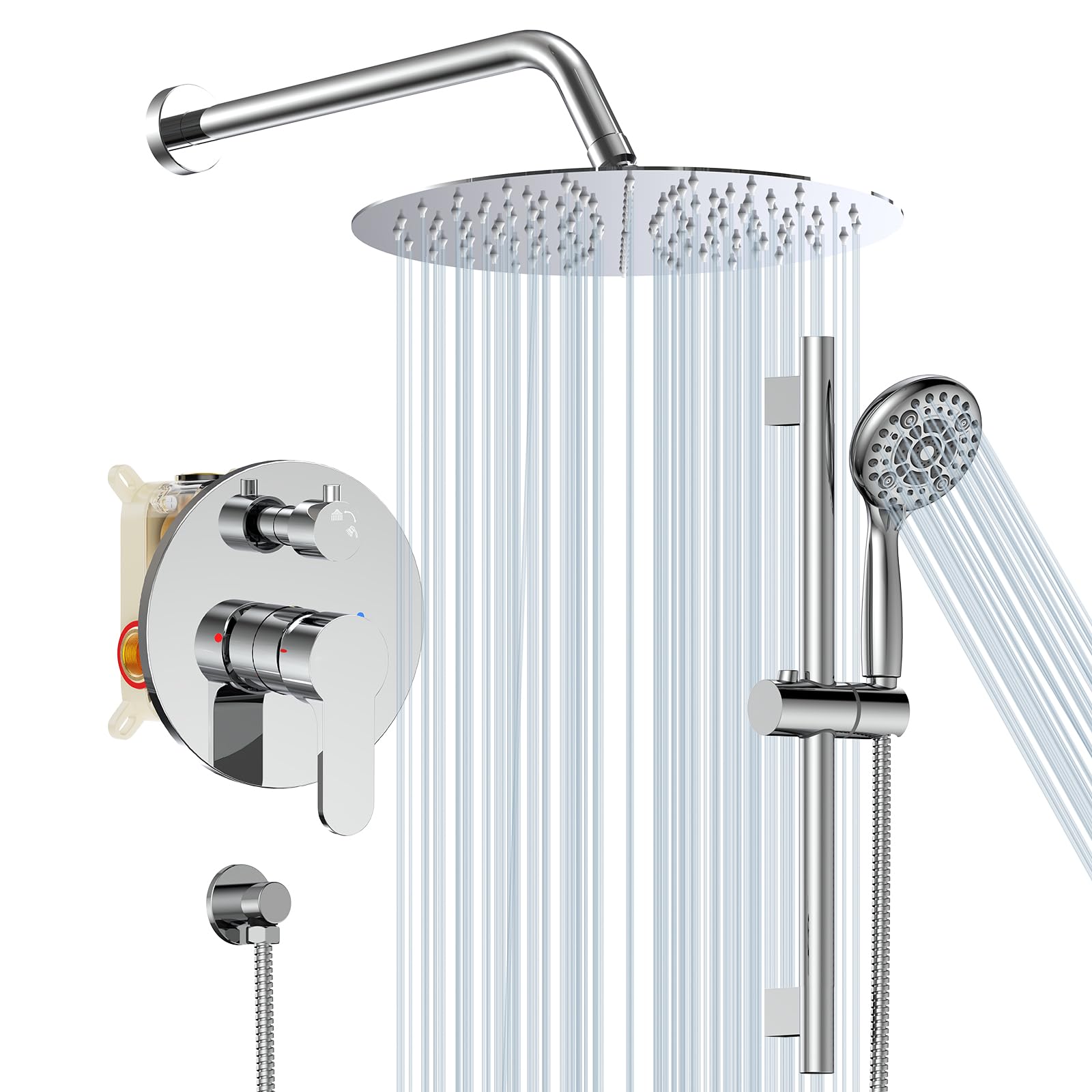 SR SUN RISE Shower System, 3-Function Round Shower Faucet with Adjustable Shower Slide Bar and 6-Settings Handheld Shower Head, 12 Inch Wall Mounted Shower Set with Valve for Bathroom, Polished Chrome