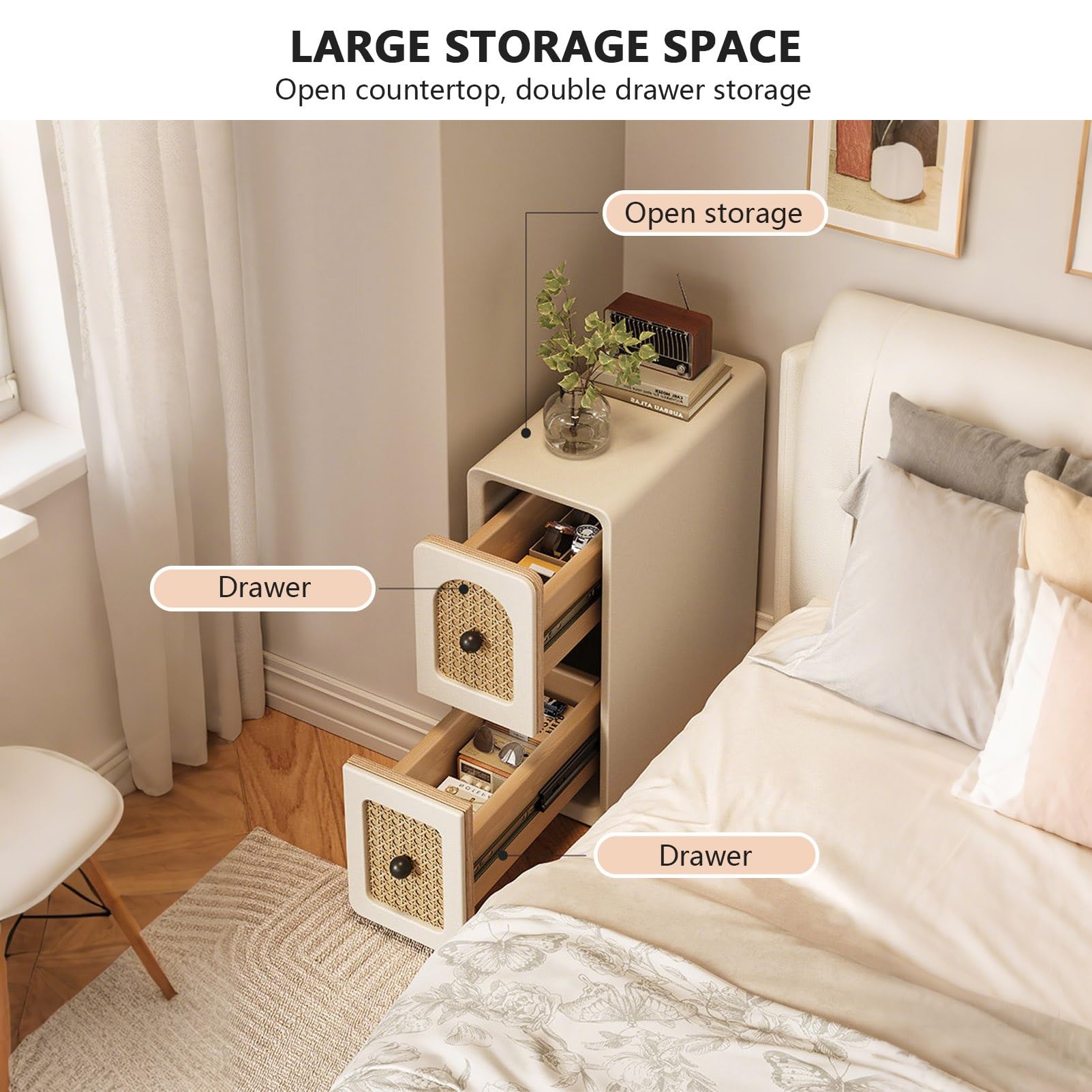 Table de chevet étroite moderne avec 2 tiroirs, table d'appoint fine en bois de rotin pour petits espaces, meubles entièrement assemblés pour chambre à coucher