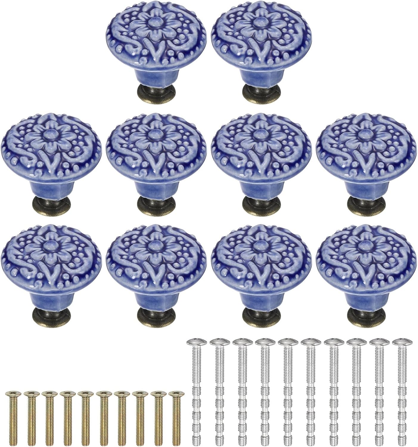 uxcell 6Pcs Ceramic Knobs, 34mm/1.34" Flower Pattern Mushroom Knob Raised Base Drawer Pull Handle Vintage Wardrobe Knobs with Screws for Vanity Bedroom Furniture Closet, Purple Blue