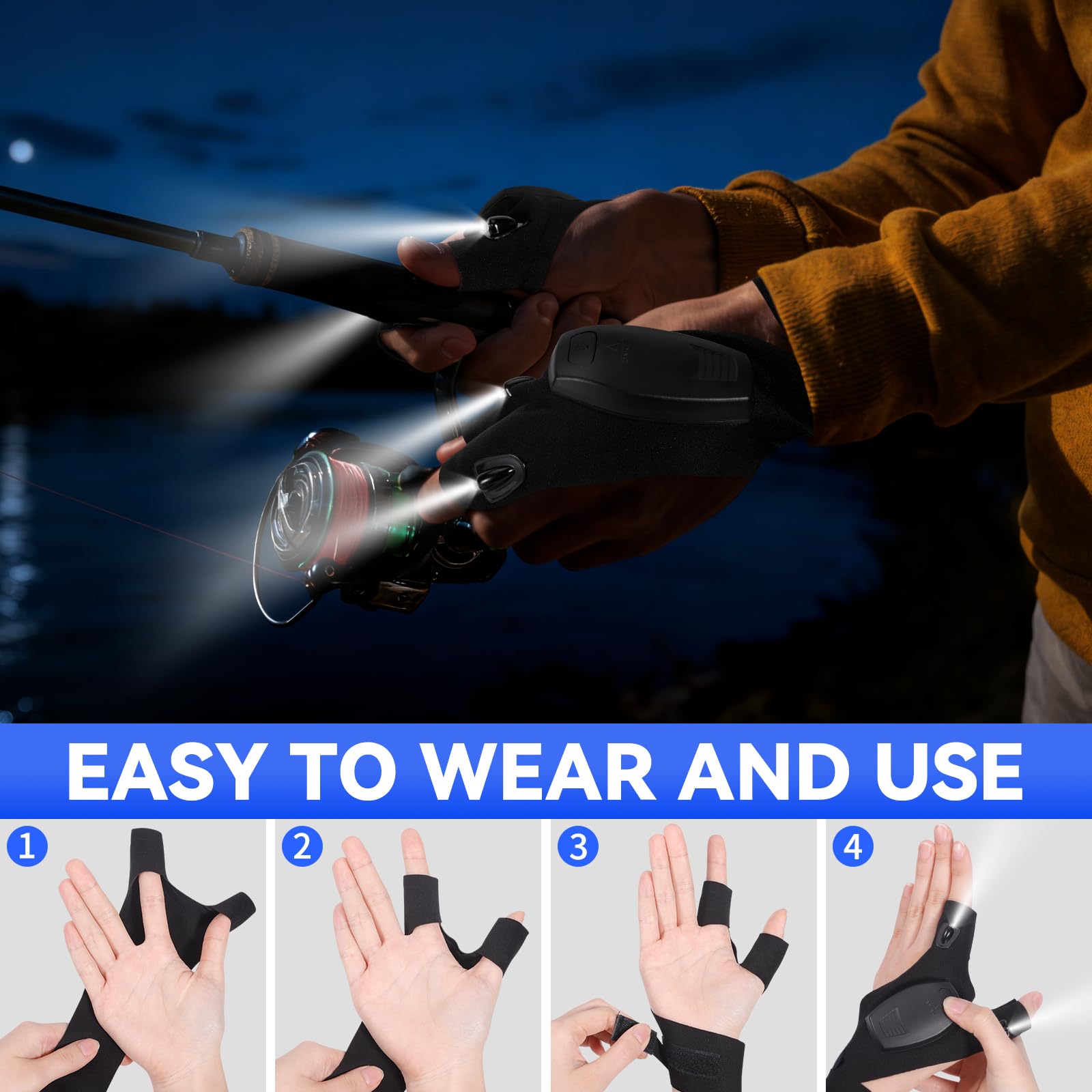 2X Gant Lumiere Mecanique, Gants de Pêche, Lumineux LED Adulte, Cadeau de Noël, Rechargeable Pêche Cadeau Pecheur pour Hommes, pour la Réparations et Le Travail