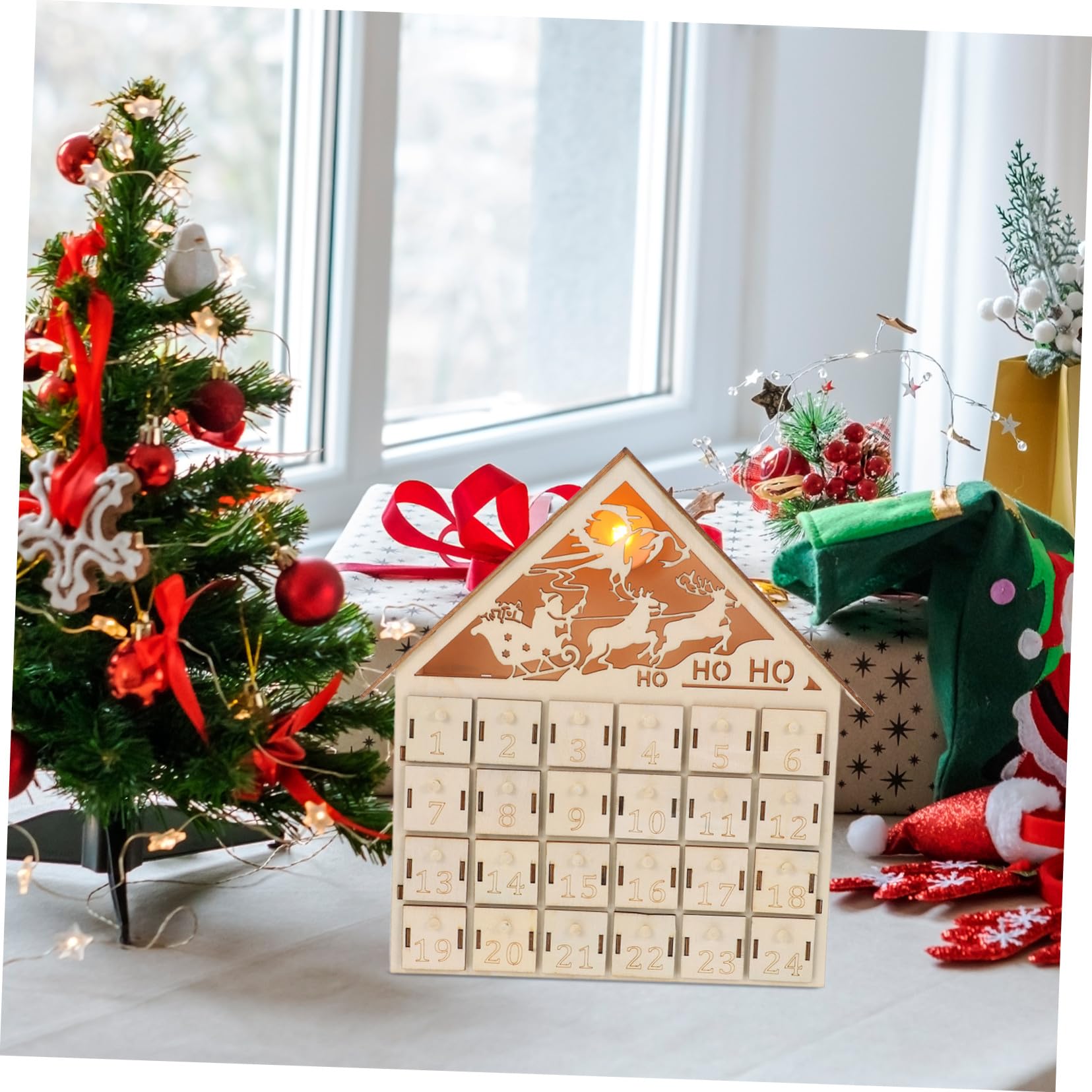 Calendario de Adviento de Madera LED Reutilizable Luz Decoración Rústica para Mesa Navidad