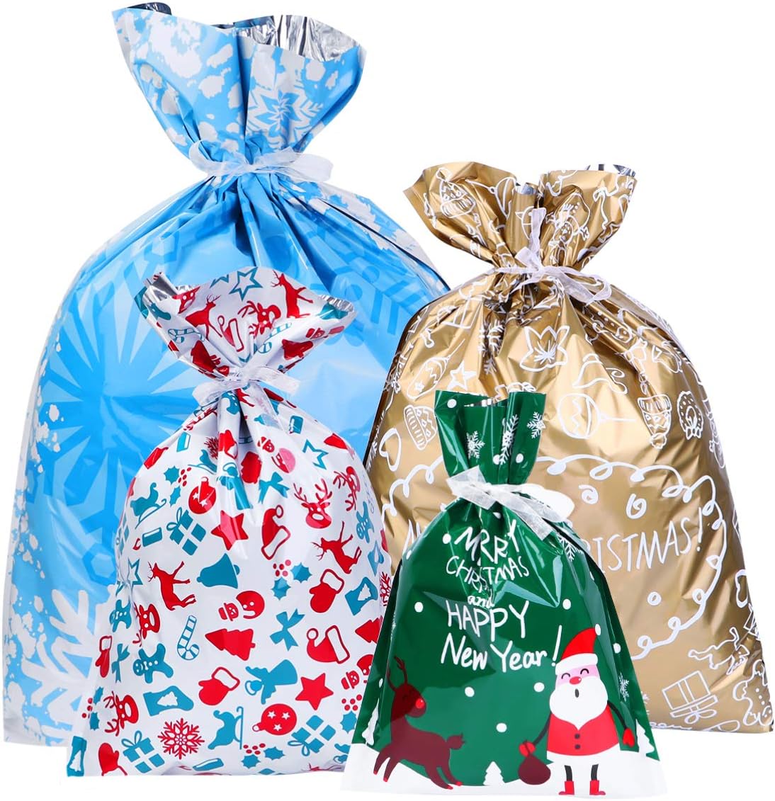 Amosfun Christmas Goody Bags Holiday Treats Bags Christmas Party Favor Bags with Ribbon Ties 30pcs (4 Sizes)