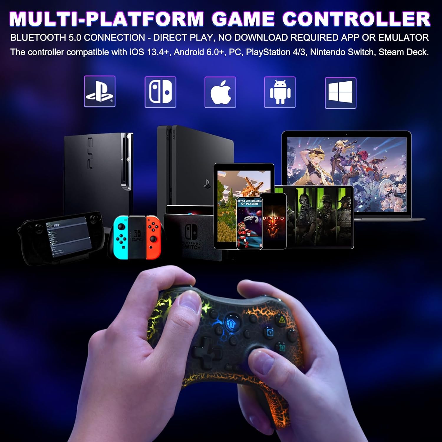 Joso Game Controller for PC, Android, iOS with Phone Holder, Wireless Controllers for Nintendo Switch, PS4, PS3, with Vibration, Motion, Turbo, Back Buttons, Cracked Design and LED Ligh, Direct Play 3 71VpLs2dVZL. AC SL1500