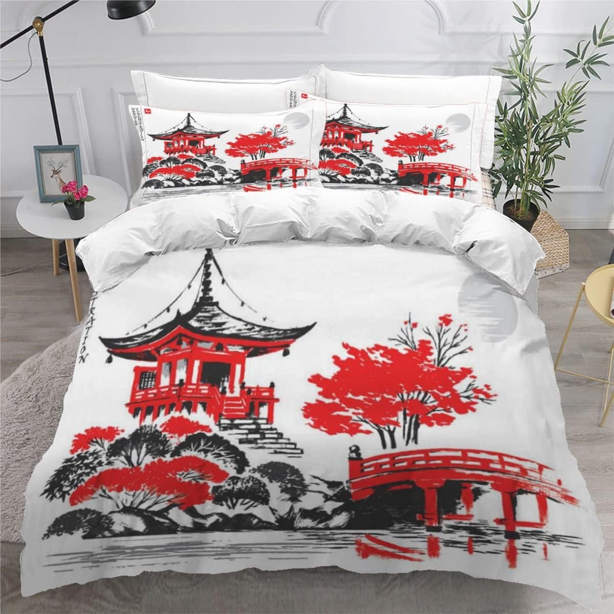 MEVASA Japanese-style Bedding Double Bed Set Microfiber Teenager Bedding Japanese Art 3D Bedding Set for Small Double 3Pcs Anti Allergic Double Duvet Cover Set with Zipper /200x200
