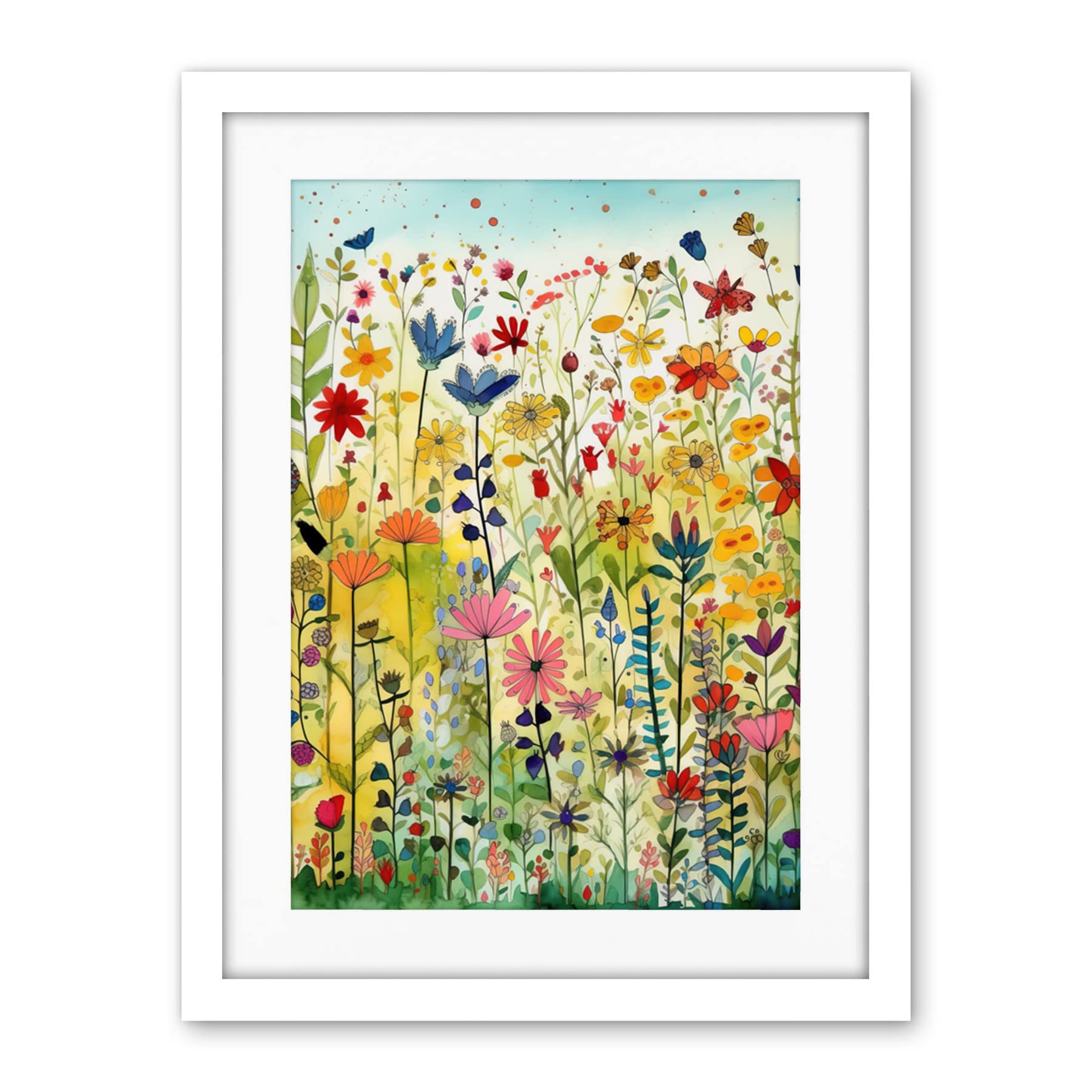 Artery8 Mixed Wildflower Bloom In Meadow Folk Art Artwork Framed Wall Art Print 18X24 Inch