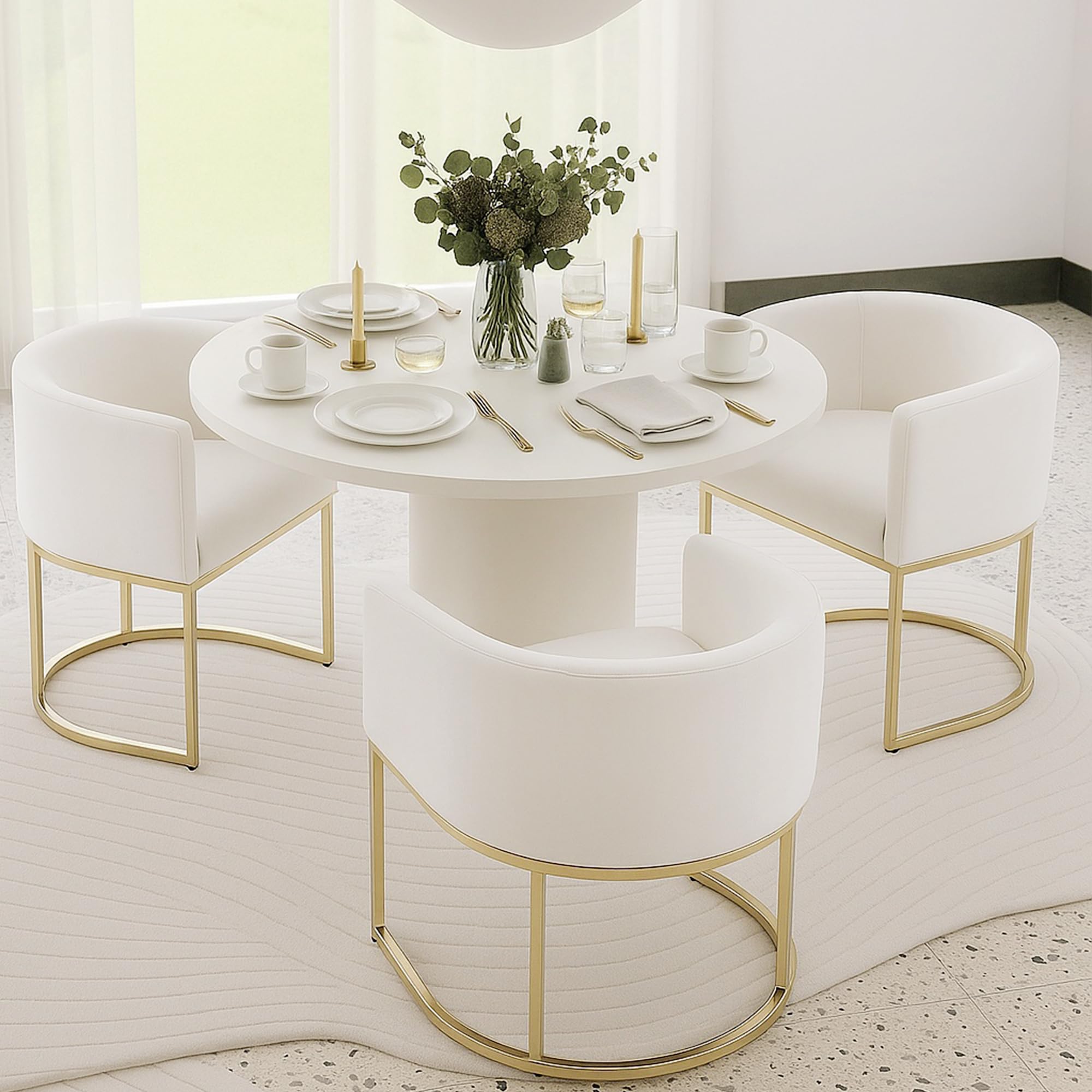 HNY Mid Century Modern Upholstered Barrel Dining Chairs with Arms Set of 3, Velvet Kitchen &amp; Dining Room Chairs, 18.5" Wide Accent Chairs for Dining Room Living Room with Gold Metal Frame, Cream