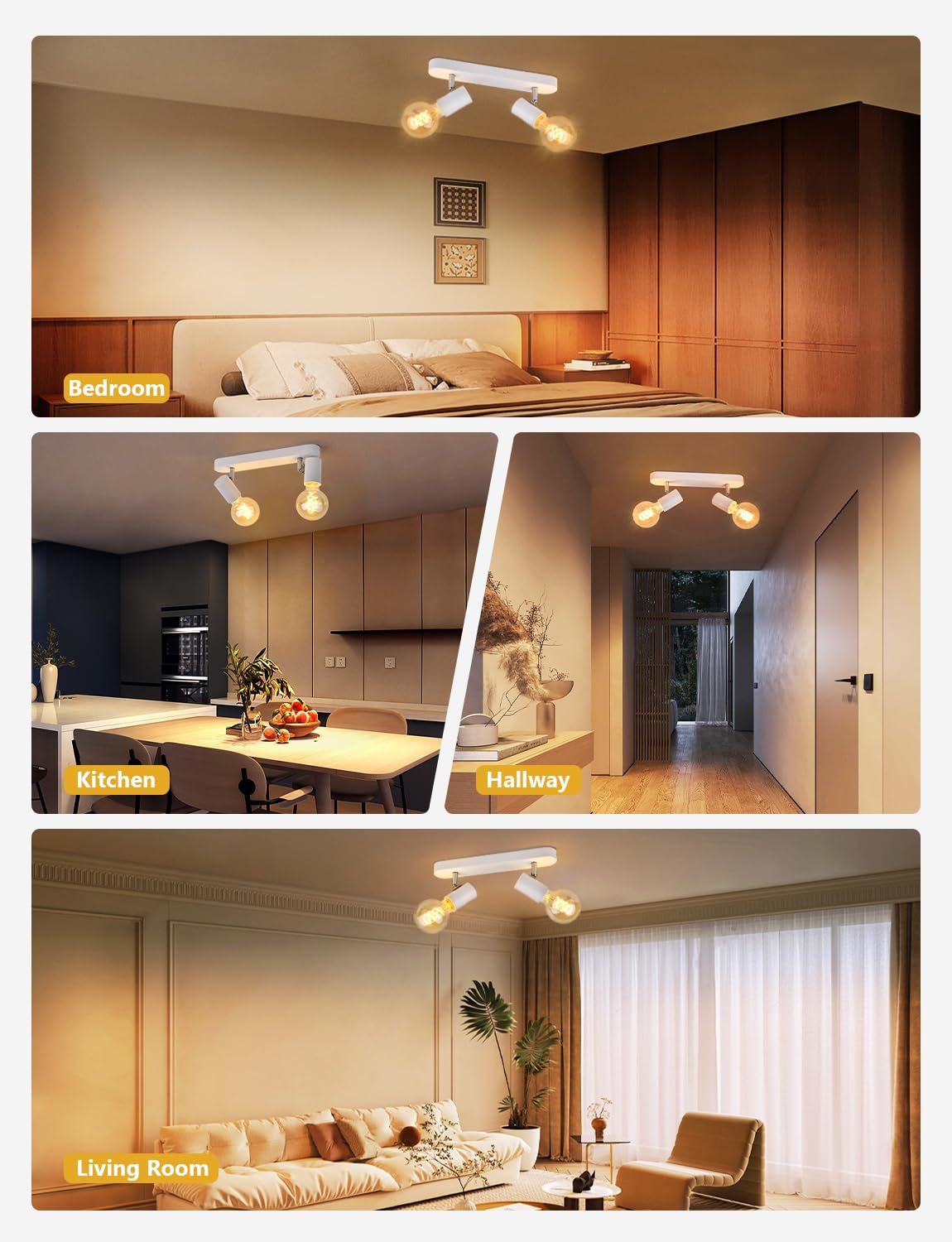 KYOTECH Lampada da soffitto Orientabili, con 2 faretti soffitto, adatta per 2 lampadine E27 non incluse max 60W, plafoniera per cucina, lampadario stile industriale (bianco,alluminio)
