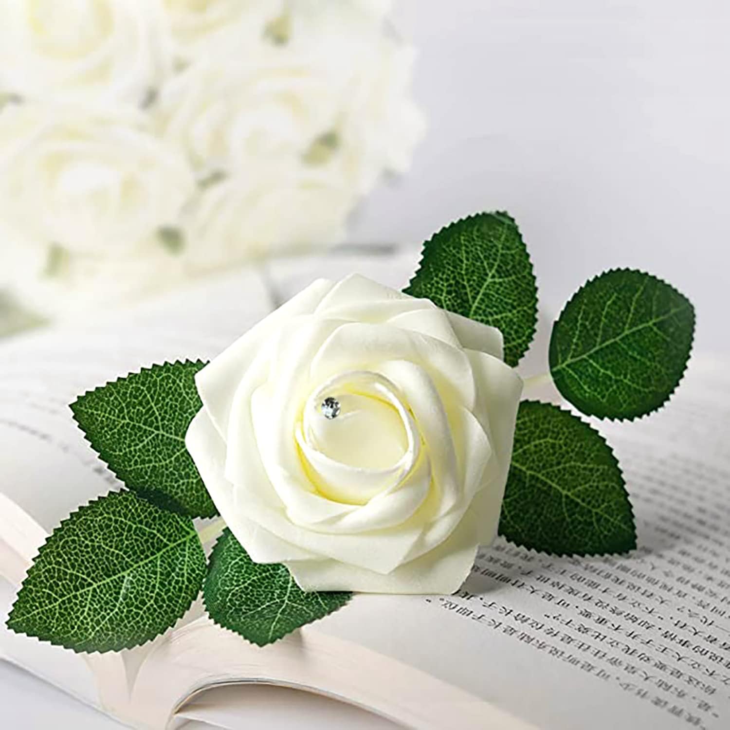 SWEETIME Fake Flowers for Decoration,50Pcs Foam Rose Bouquet Artificial Flowers in Box Green Leaves,Cream White Faux Rose Head Bundle,Floral Arrangements Bulk for DIY Wedding Centerpieces,Party Décor