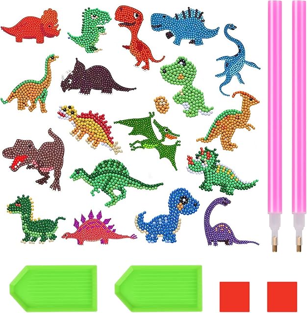 18Pcs 5D DIY Diamond Stickers Painting Kits for Kids Dinosaur Diamond Painting Kits Diamond Art Kits Kids Art Activity Set for Children, Boys and Girls