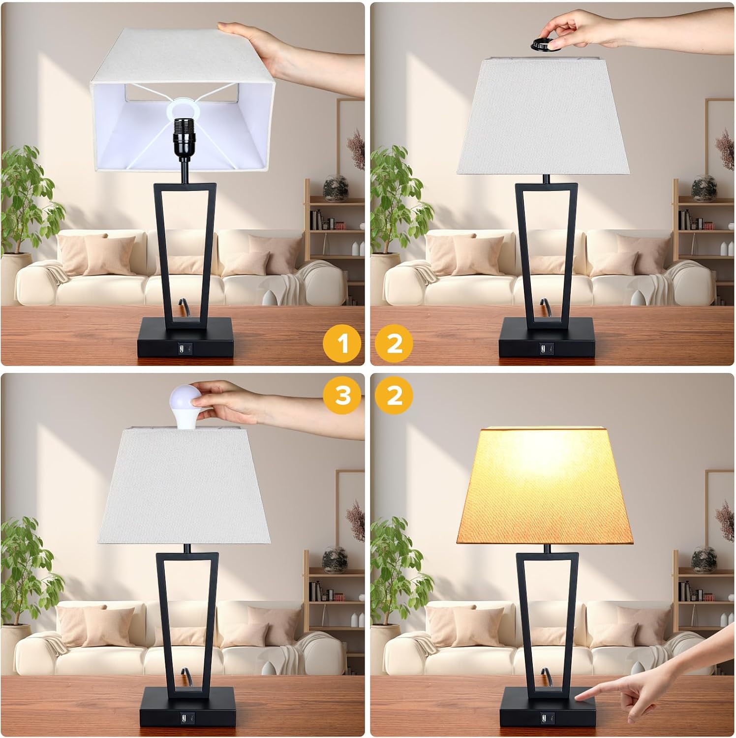 Hotel Style Modern Bedside Lamps Set of 2,Touch Control &3-Way Dimmable,Black Geometric Table Lamps with USB-C & USB-A Charging Ports for Bedroom,Nightstands,Living Room (2 Bulbs Included)