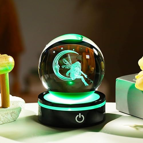 Miniatura 2 de YWHL Figura de hada de luna 3D, bola de cristal con base de luz colorida, regalos de hadas para mujeres y niñas en cumpleaños de Navidad, bola