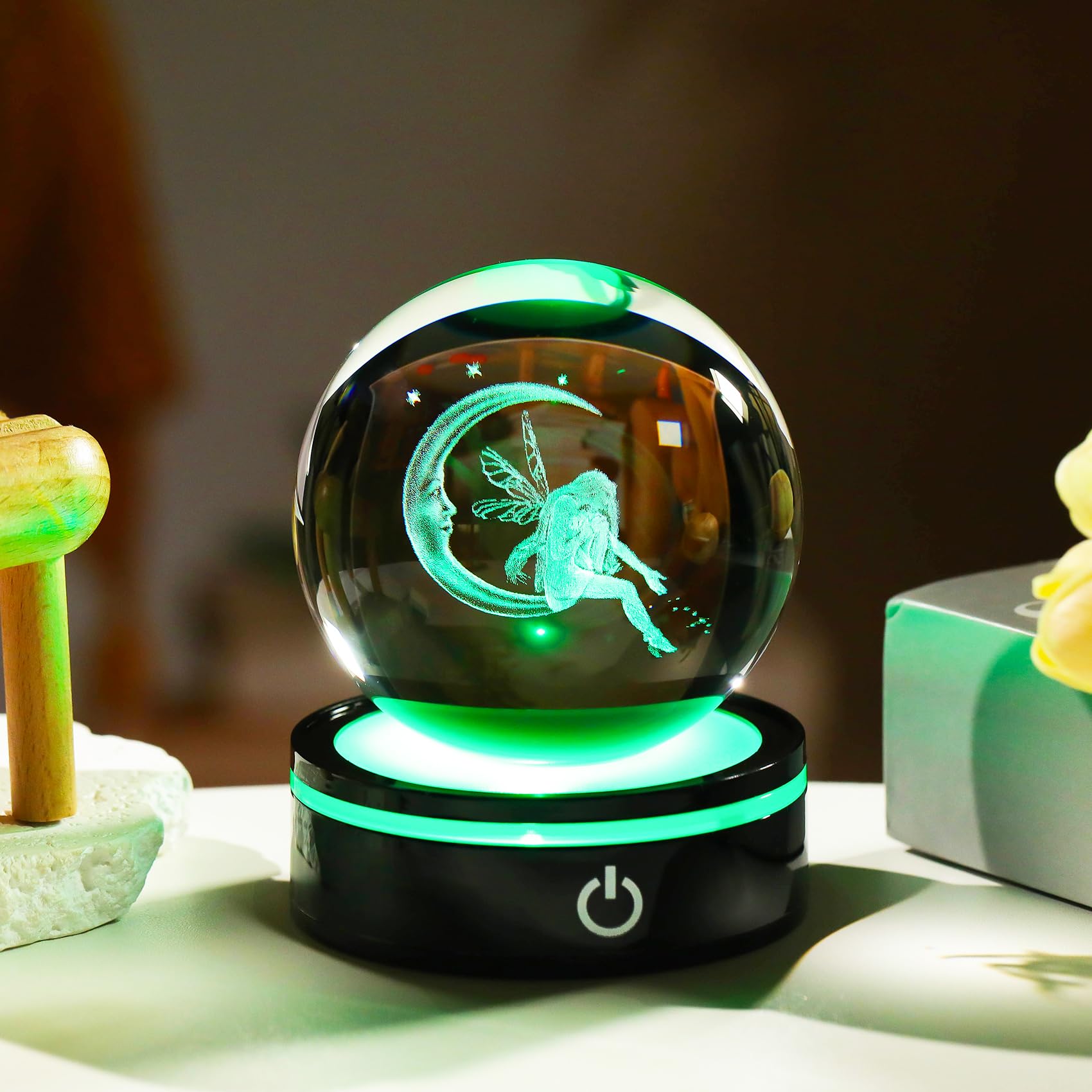 Condition photo showing New/Like New for YWHL 3D Moon Fairy Figurine Crystal Ball with Colorful Light Base — Fairy Gifts for Women/Girls on Christmas Birthday — 3D Laser Engraved Elf Full Sphere Glass Decorative Ball for Home/Office (80mm)