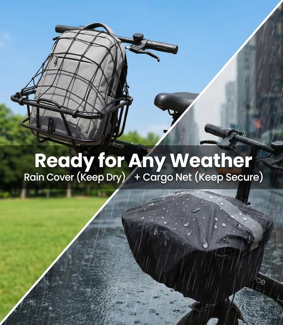 ANZOME Electric Scooter Basket & Bike Handlebar Bag – Stable Metal Wire Carrier with Cargo Net & Rainproof Cover – Front/Rear Rack Attachment for Commuting, Groceries, & Pet Transport (Black)