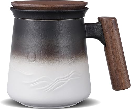ZENS Taza de té con infusor y tapa para té de hojas sueltas, taza de té de cerámica en relieve de 14.5 onzas con coladores finos y mango de madera,