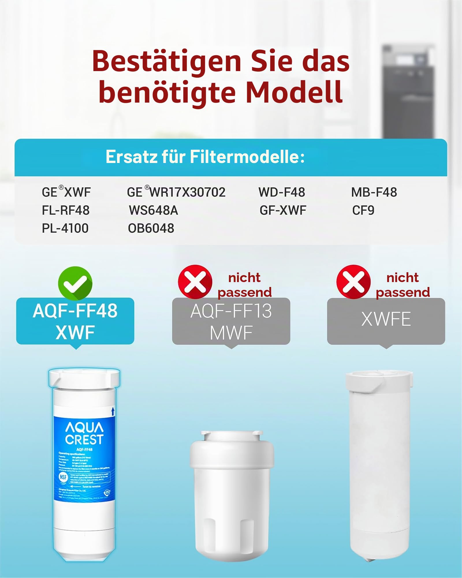 AQUACREST XWF NSF Certified Refrigerator Water Filter, Compatible with GE XWF, Pack of 3 (Packaging may vary)