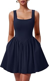 Women's Summer Sleeveless Square Neck A-line Ruffle Hem Mini Tank Dress with Pockets