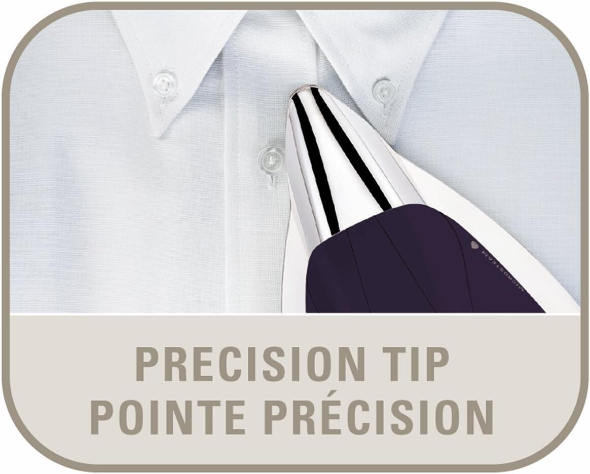 Close-up of the Rowenta iron's precision tip ironing around shirt buttons.