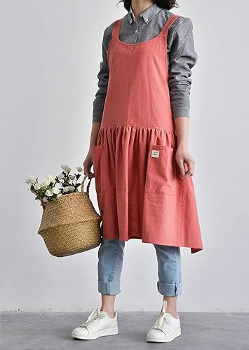 Miniatura 3 de NEWGEM Delantal de lino y algodón con espalda cruzada para mujer, con bolsillos para pintar, limpieza de pomelo rojo con lazos en la cintura