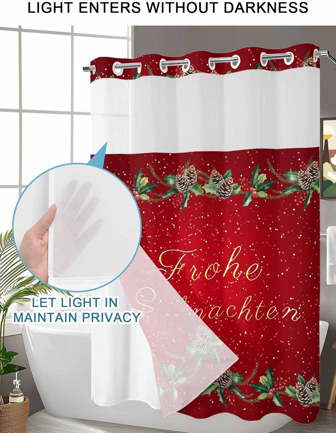 No Hook Shower Curtain, Merry Christmas Stall Bathroom Curtains with Snap in Liner, Red Winter Pine Cones Berries Snowflake Waterproof Washable Fabric Shower Curtain Set, 48" x 72"