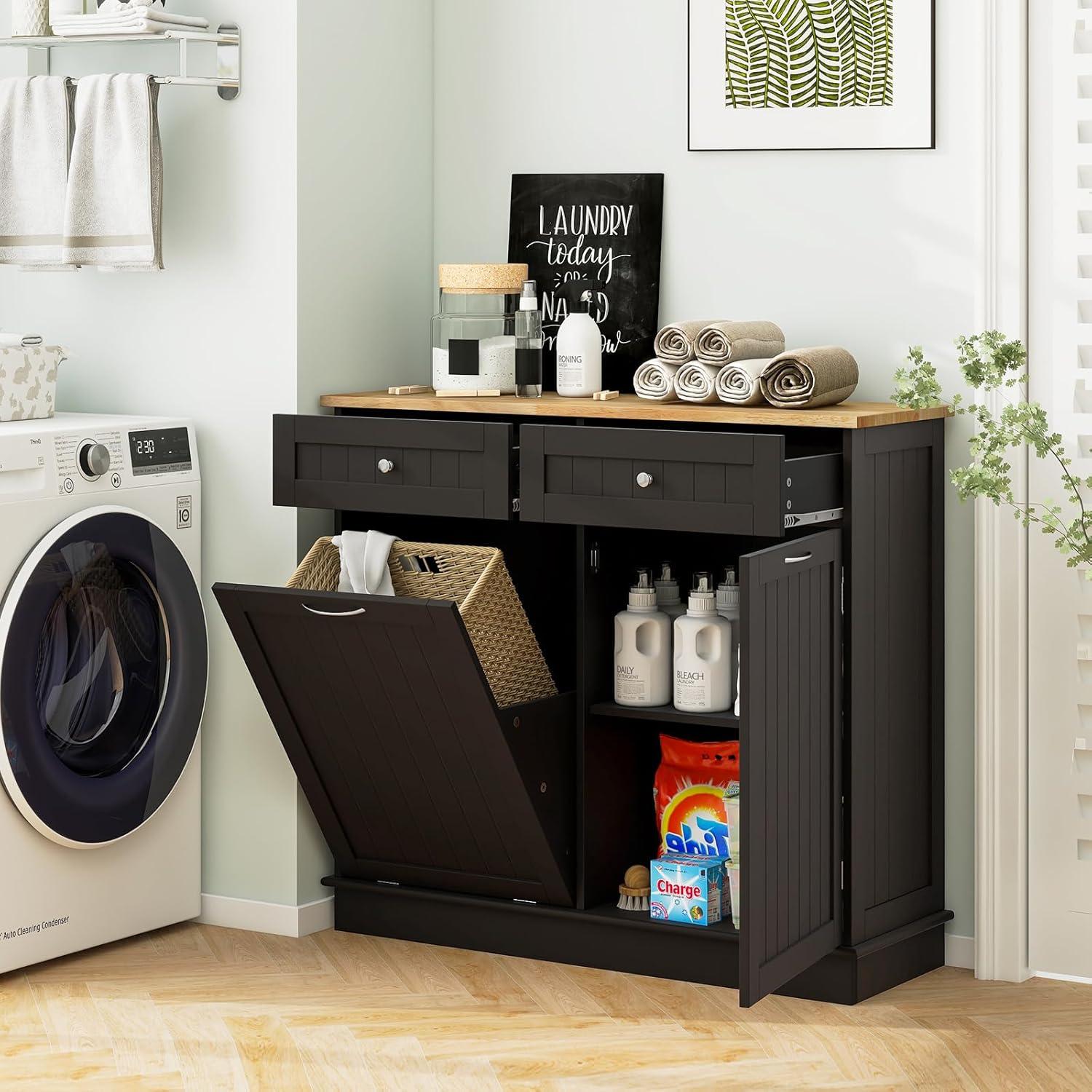 LOKO Kitchen Tilt Out Trash Cabinet, Modern Storage Cabinet with 2 Drawers & Adjustable Shelf, Pet Proof Trash Can Cabinet with Rubber Wood Tabletop, 39.5 x 14 x 35.5 inches (Coffee)