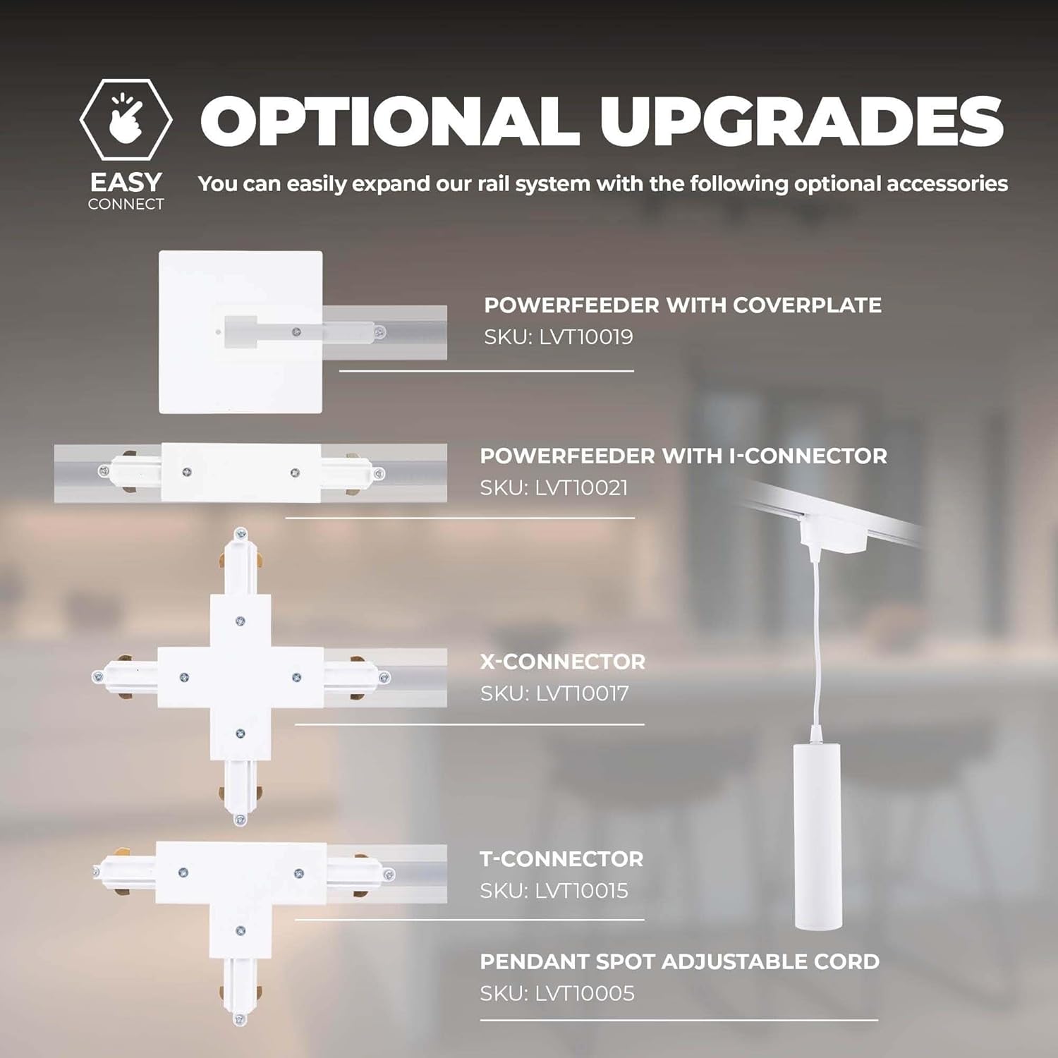 Diagram showing various optional accessories for the Ledvion track lighting system, including different types of connectors (I, X, T), power feeders, and a pendant spot with adjustable cord.