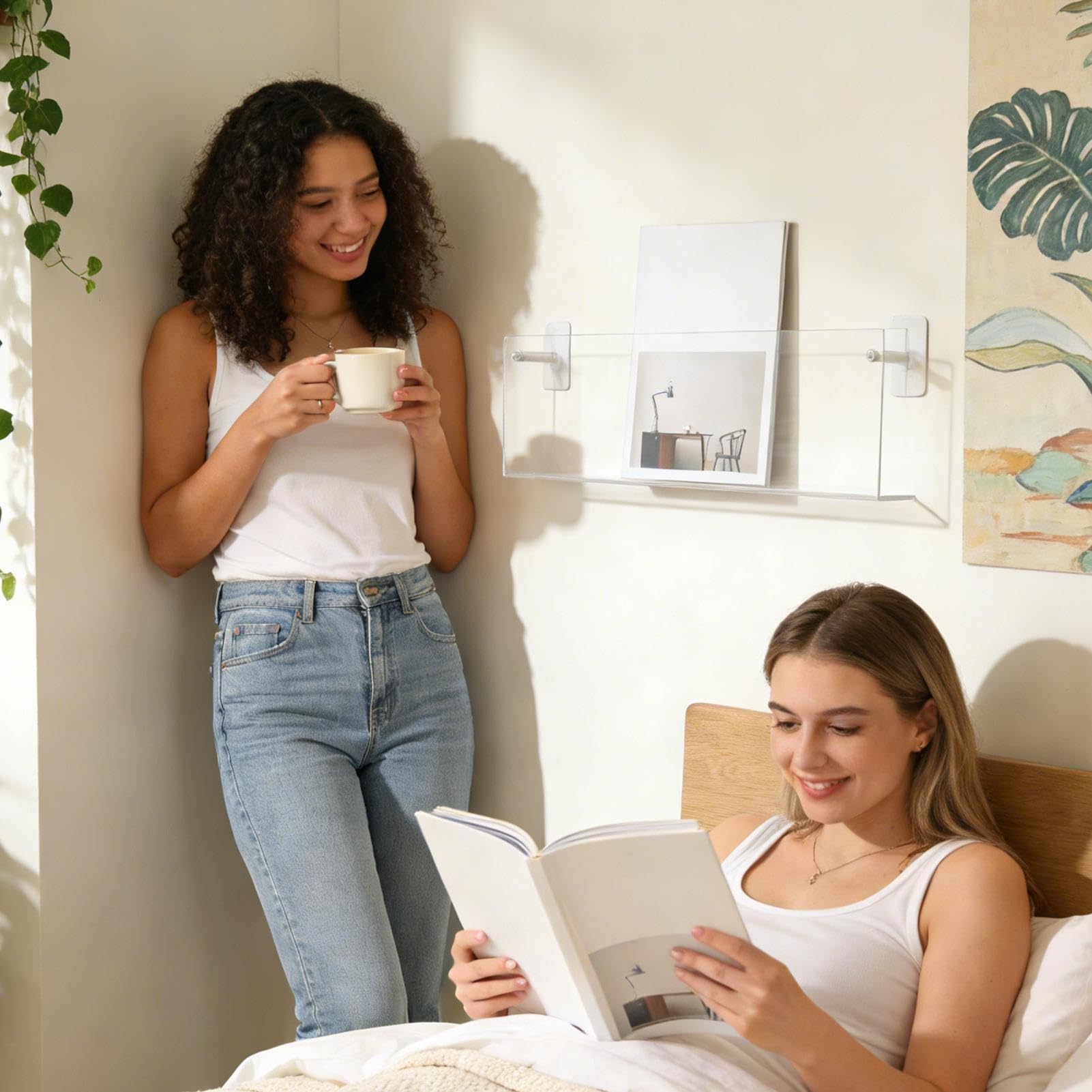 Supporto per dischi in vinile da parete in acrilico trasparente, 2 pezzi, senza trapano, organizer per camera da letto, home theater, libri e quaderni