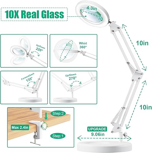Miniatura 25 de Lupa 10X con luz y soporte, lámpara de aumento LED 2 en 1, lupa de atenuación continua de 3 colores con luz, lámpara de lupa de vidrio óptico real