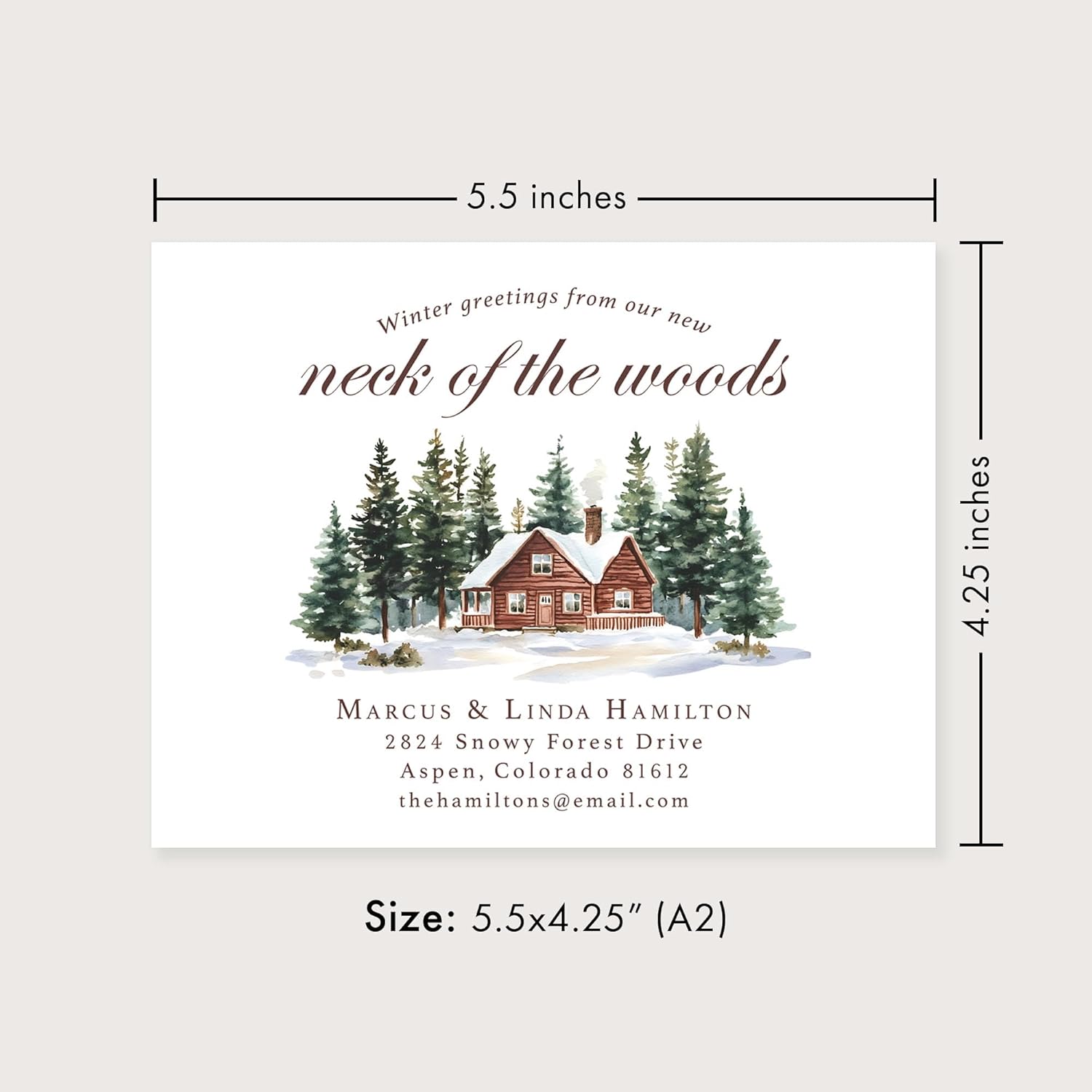 Winter Cabin in the Woods Moving Announcement Cards, Personalized Flat 5.5x4.25 Change of Address Notecards with Envelopes