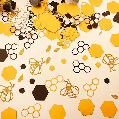 Miniatura 7 de E-ASUM 100 unidades de confeti de abeja, confeti de abeja con purpurina dorada, confeti de punto de abeja amarillo y negro, confeti hexagonal para