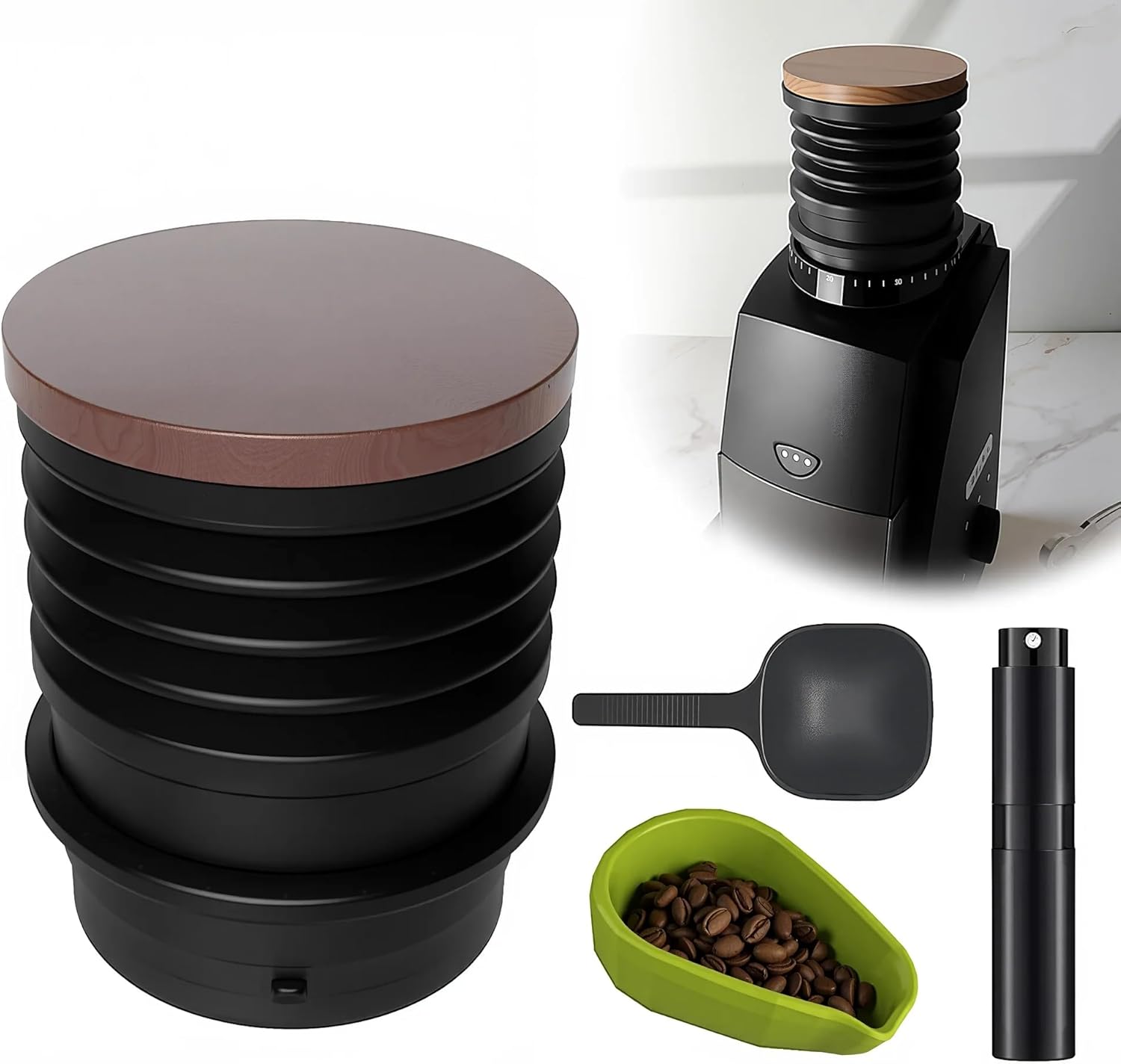 Silicone Coffee Grinder Hopper Bellow with Spray Bottle and Dosing Cup and spoon, Compatible with Baratza Encore, Virtuoso+, Forte Models (Wooden)