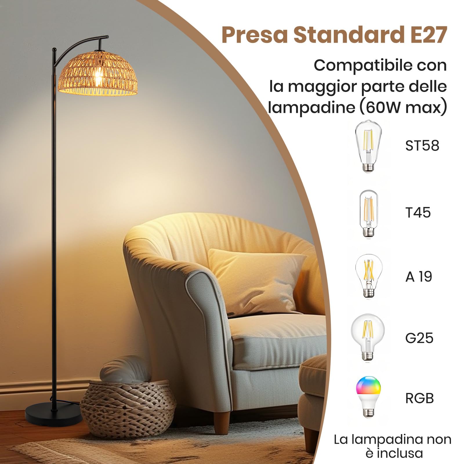 RELAX4LIFE Lampada da Terra per Soggiorno, Lampada Moderna con Paralume a Sospensione, Interruttore a Pedale, per Camera da Letto e Ufficio