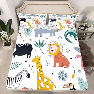 Kids Zoo Animal Fitted Sheet & Pillow Sham Set Cute Wild Animals Fitted Sheet Cartoon Safari Wild Print Bedding Set for Boys Girls Child Teens Bedroom Decor Exotic Natural Theme Bed Cover Full Size