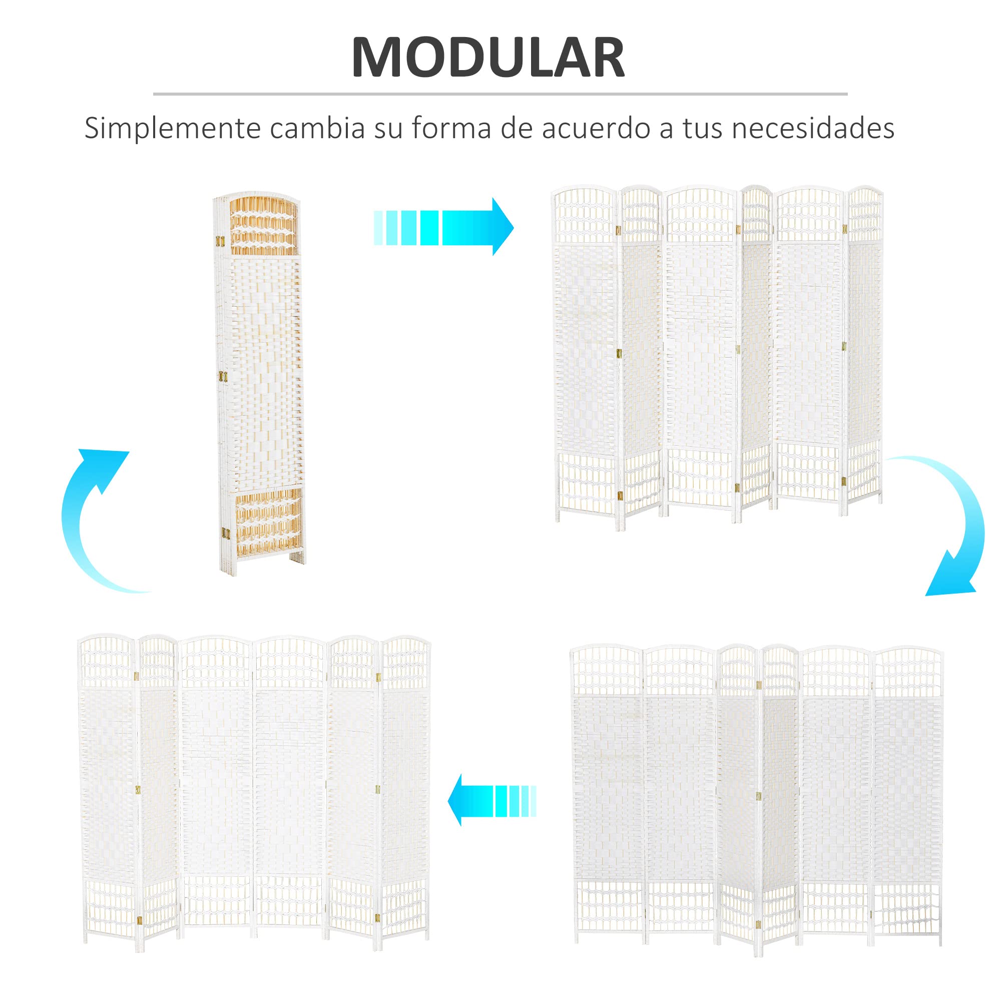 HOMCOM Biombo de 6 Paneles Separador de Ambientes Plegable 242x170 cm Divisor de Habitación de Fibra de Papel y Marco de Madera Decoración Elegante para Dormitorio Salón Blanco