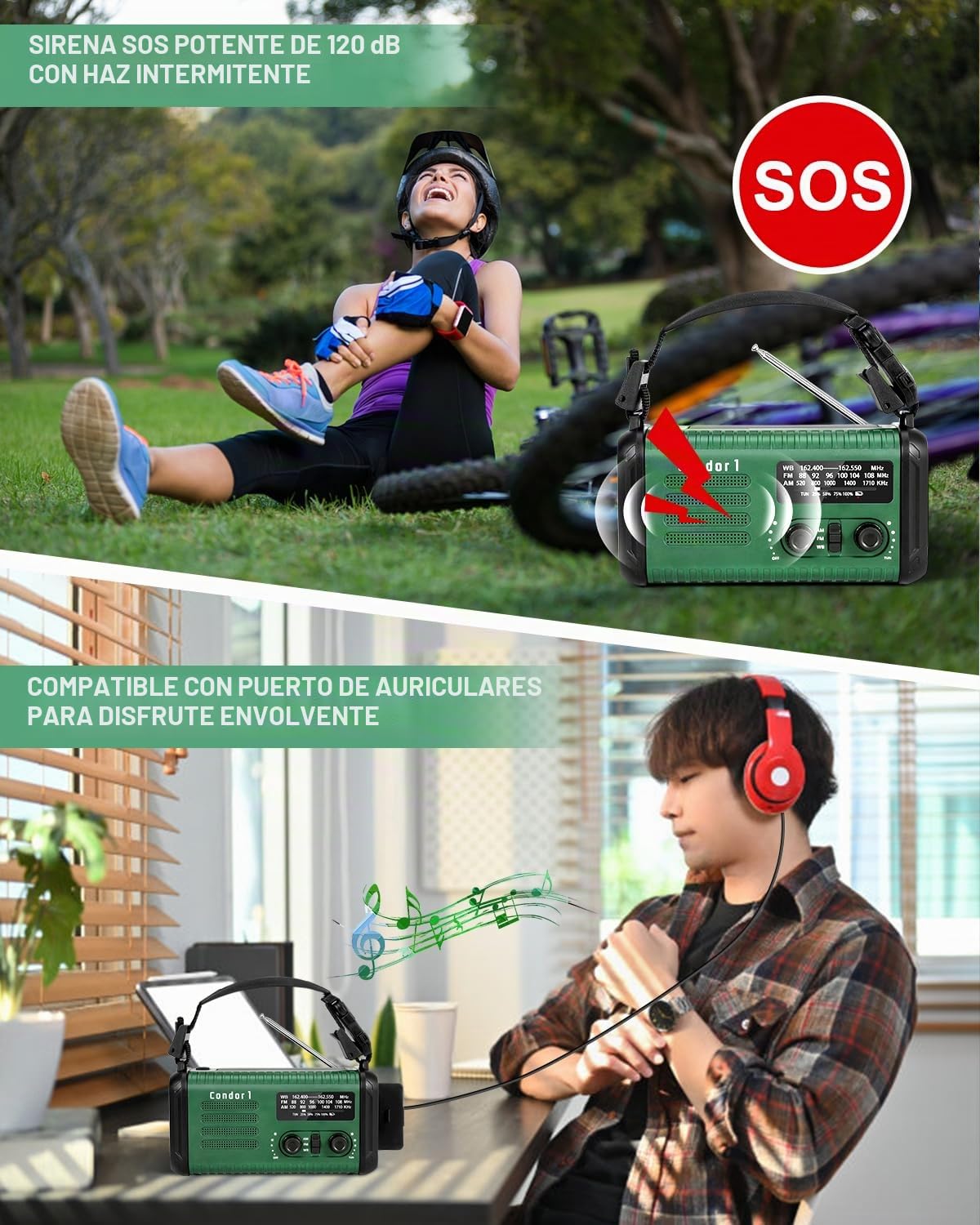 Radio Kurbel de 20000 mAh, radio de notificación solar portátil con amplificador AM/FM, alarma SOS, lámpara de luz LED y lámpara de bolsillo, notificación de caída (Verde militar)