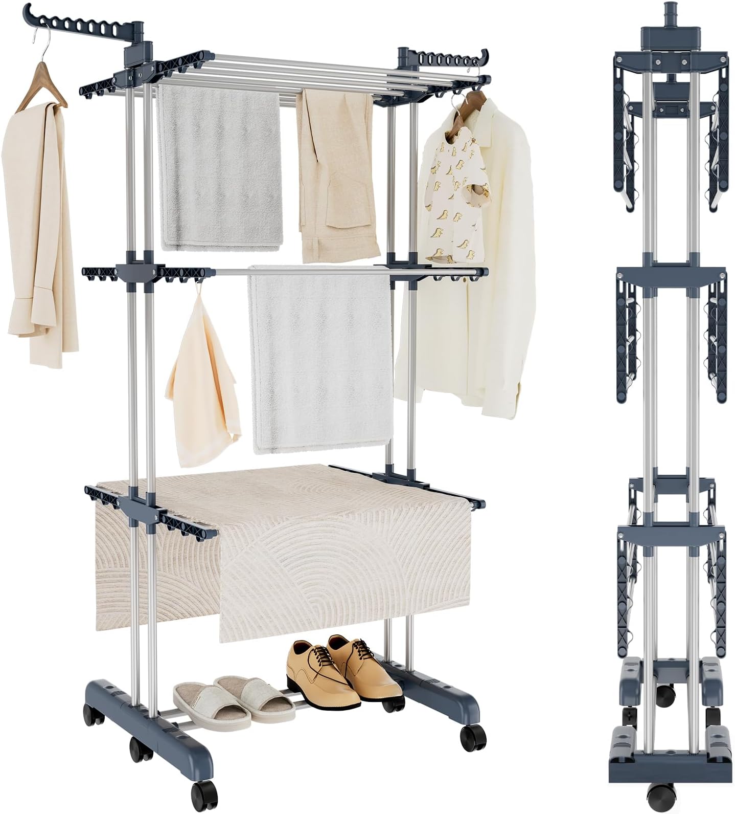 YORKING Upgrade 4 Tier Clothes Drying Rack, Indoor Folding Clothes Airer 18M Drying Space Laundry Rack Hanger With 6 Casters, Large Clothes Dryer Folds Flat For Easy Storage