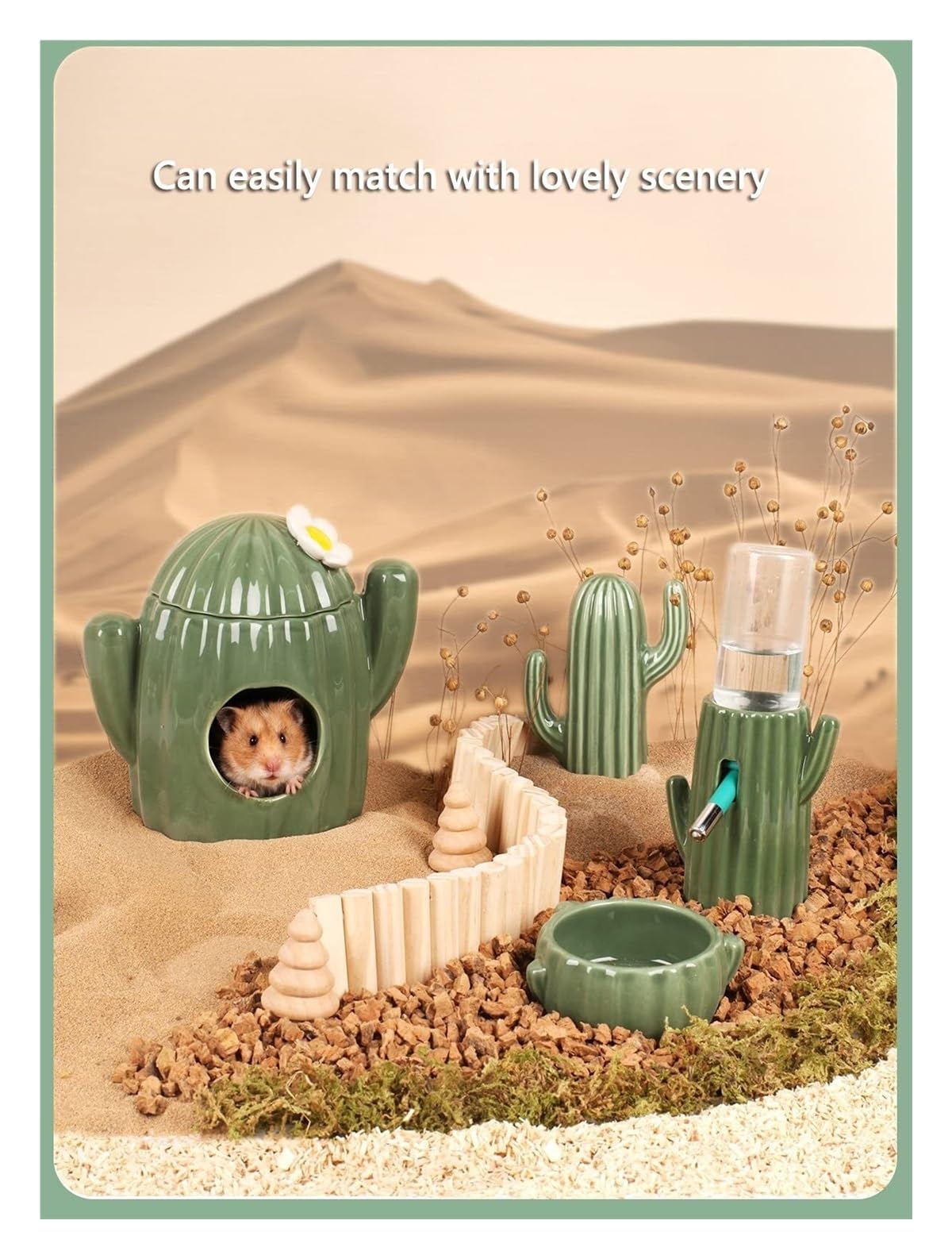 Casa in ceramica a forma di cactus, ciotola per cibo, bottiglia d'acqua, supporto per criceti siriani, gerbilli, piccoli animali domestici, habitat per piccoli animali, accessori per criceti (3 pezzi)