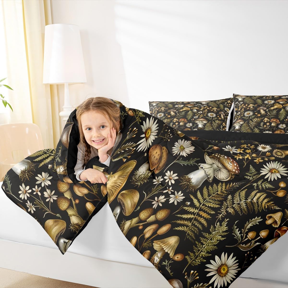 Castle Fairy Mushroom Bedding Set Twin Size 2 Pcs,70s Groovy Daisy Green Leaves Comforter Set for Kids Teens Adults,Natural Jungle Plants Rustic Style Comforter Duvet Set with 1 Pillowcase