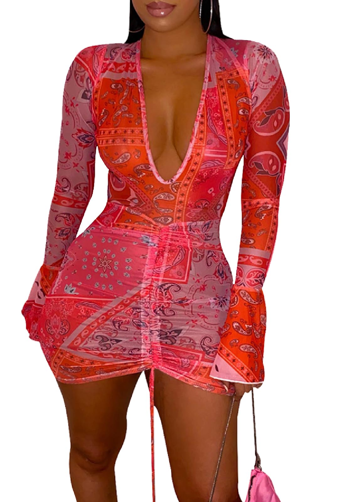 Women's Sheer Mesh Cover Ups Long Sleeve Bodycon Ruched Beach Dress for Swimwear