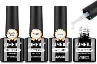 AIMEILI Gel Nail Polish 4pcs, Hema Free, Cruelty Free, Vegan, U V LED Nail Art - Base Coat, No Wipe Top Coat, Nail Dehydrator and Primer