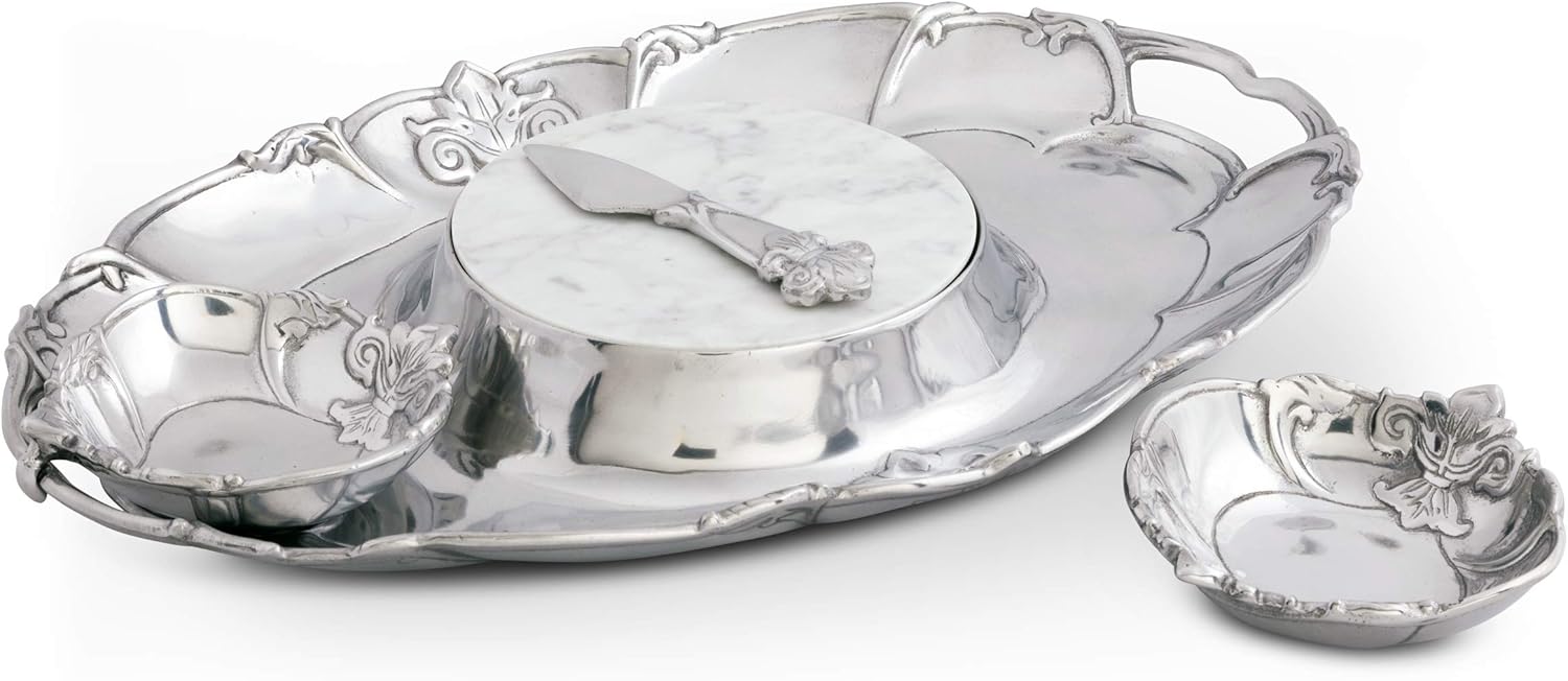 Arthur Court Designs Aluminum Fleur-De-Lis 5-Piece Entertainment Cheese Chip and Dip - Two Bowls, Spreader, Marble, Tray 20 inch x 13 inch