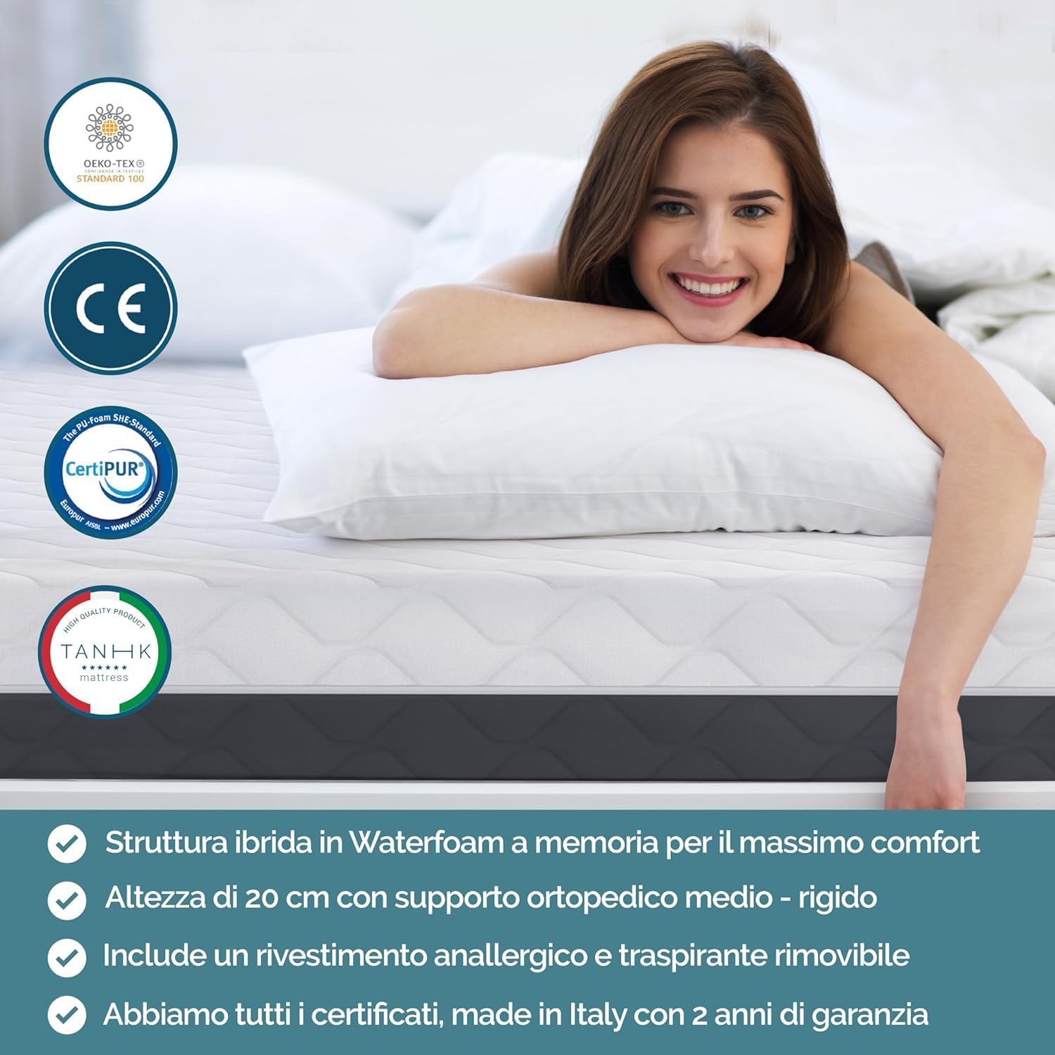 TANHK Materasso Memory Made in Italy | Ortopedico | Sistema di Alleviamento dei Punti di Pressione | Anallergico, Antibatterico e Antiacaro | Traspirante (Materasso Memory, 200 x 200)