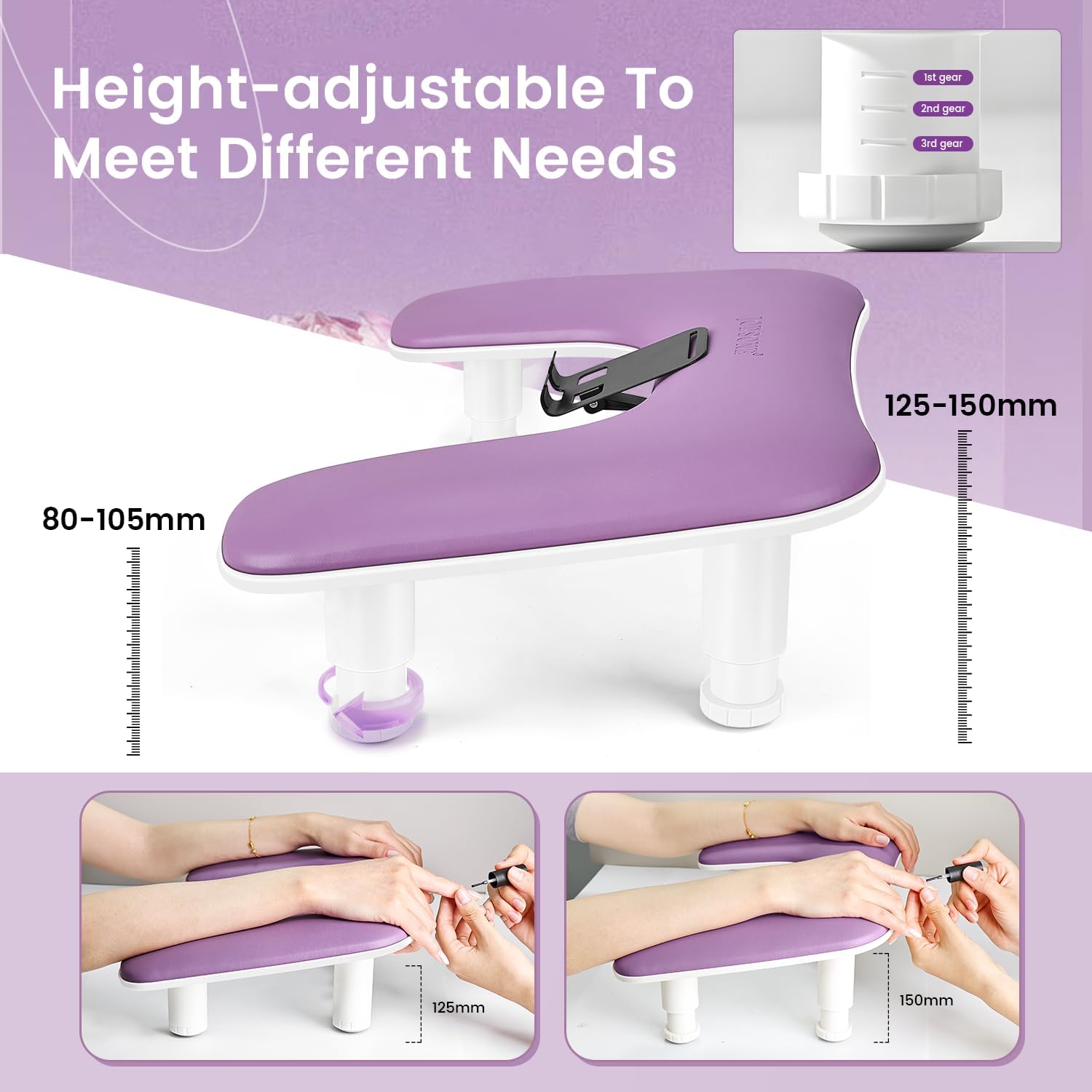 JODSONE Lila U-förmige Maniküre-Armstütze für Nageltechniker mit drehbarer Handyhalterung und verstellbarer Nagelarmstütze Abnehmbare Maniküre-Handstütze für Salon-Design