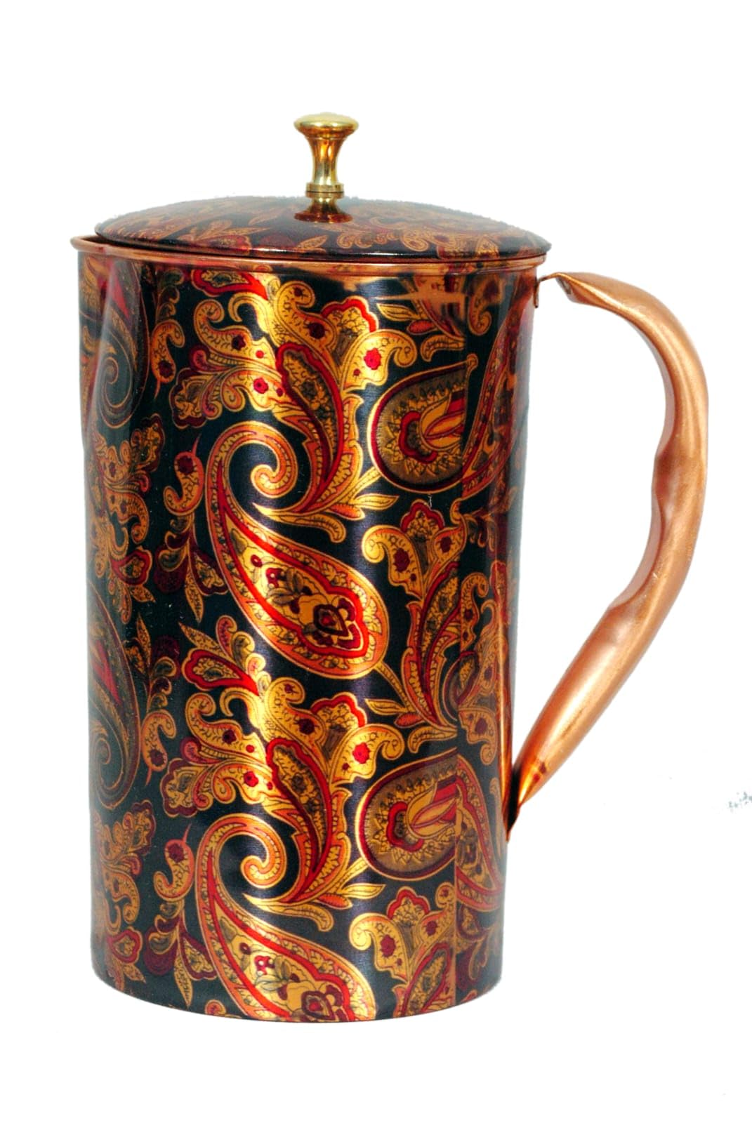 Copper Water Jug 1.5 Ml Paisley Printed Design Jug For Home Kitchen Travelling Serveware Drinkware And Health Purpose