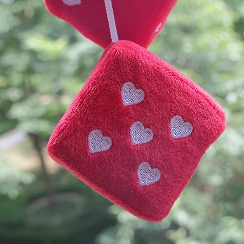 Miniatura 4 de Par de dados de felpa peludos de 3 pulgadas en forma de corazón para espejo retrovisor de automóvil, dados cuadrados retro para decoración de