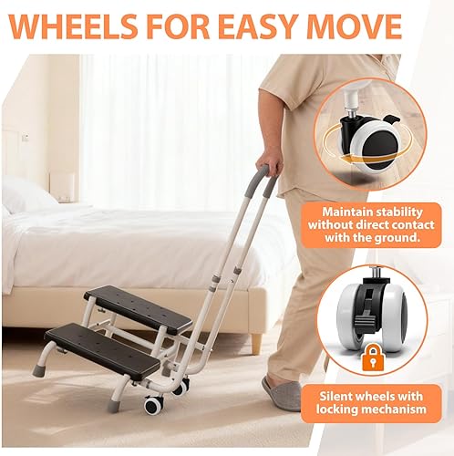 Miniatura 2 de Taburete con asa para ancianos con ruedas bloqueables, pasamanos ajustables de 5 niveles, plataforma antideslizante, escalones de cama para camas