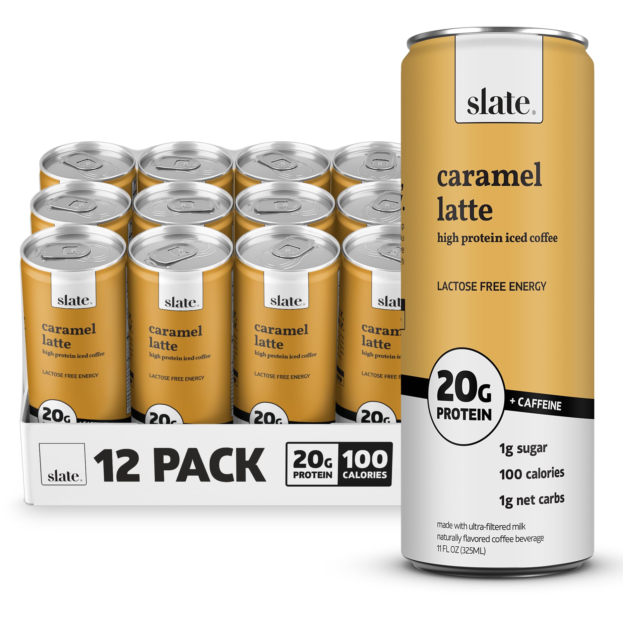 Slate Milk High Protein Iced Coffee Caramel Latte 175mg Caffeine,  Lactose Free Energy 20g Protein, 1g Sugar, 100 Calories, 1g Net Carbs, No