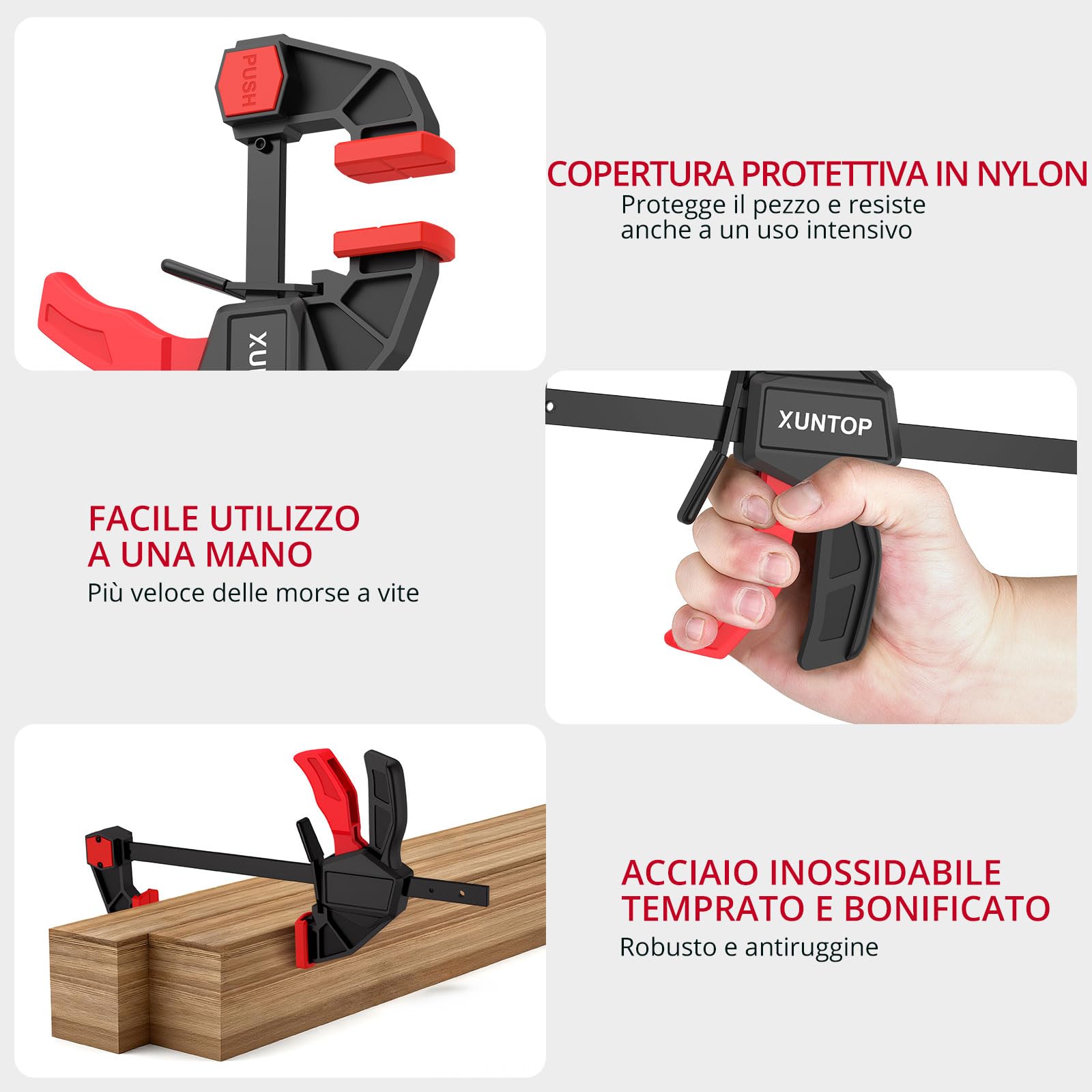 XUNTOP Morsetti da Falegname Set di 4 pz Morsetti a C Rapidi da 6" (150mm) Morsetti a Barra Forza di Serraggio 600N/60kg Funzione Sdoppiatore con Pulsante Cambio Rapido per Lavori di Falegnameria