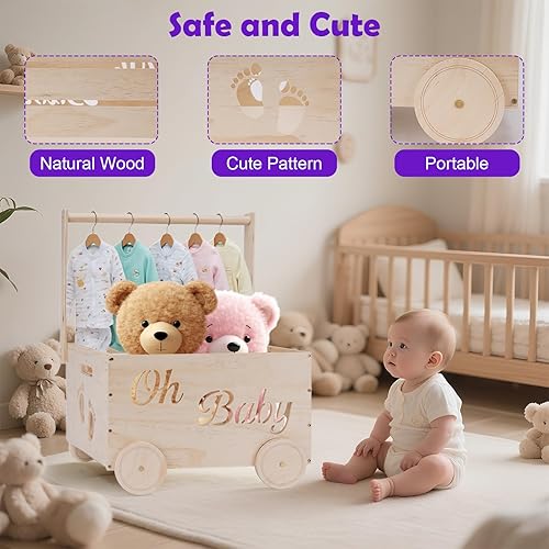 Miniatura 4 de Cestas de regalo para baby shower, armario de madera para bebés y niñas recién nacidos, caja de madera con asa y ruedas, cesta de decoración