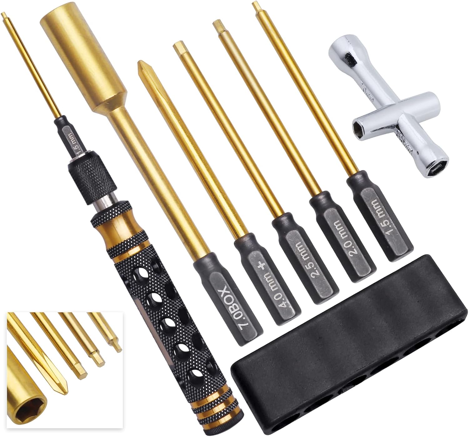 5-in-1 Titanium RC Screw Driver Set-1/4" Driver Drill Bits 1.5mm 2.0mm 2.5mm Hex Allen Wrench Keys & 7.0mm Nut Driver & 4.0mm Phillips RC Tool Set for Traxxas Arrma Axial Losi