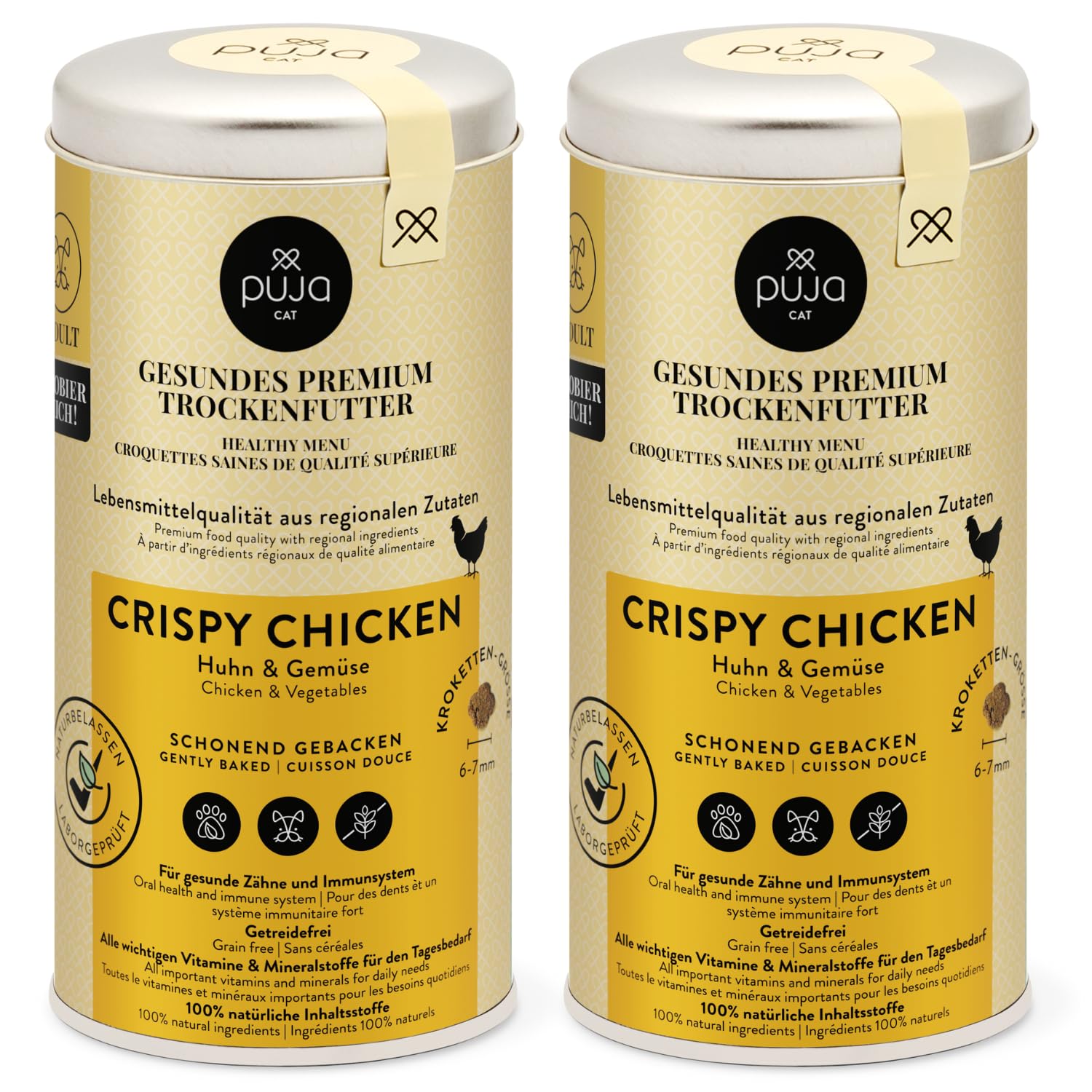 PUJA Premium Trockenfutter für Katzen Crispy Chicken 2x250g - 100% natürliche Inhaltsstoffe & für Sensible Katzen geeignet - mit Tierärzten entwickelt für die Gesundheit